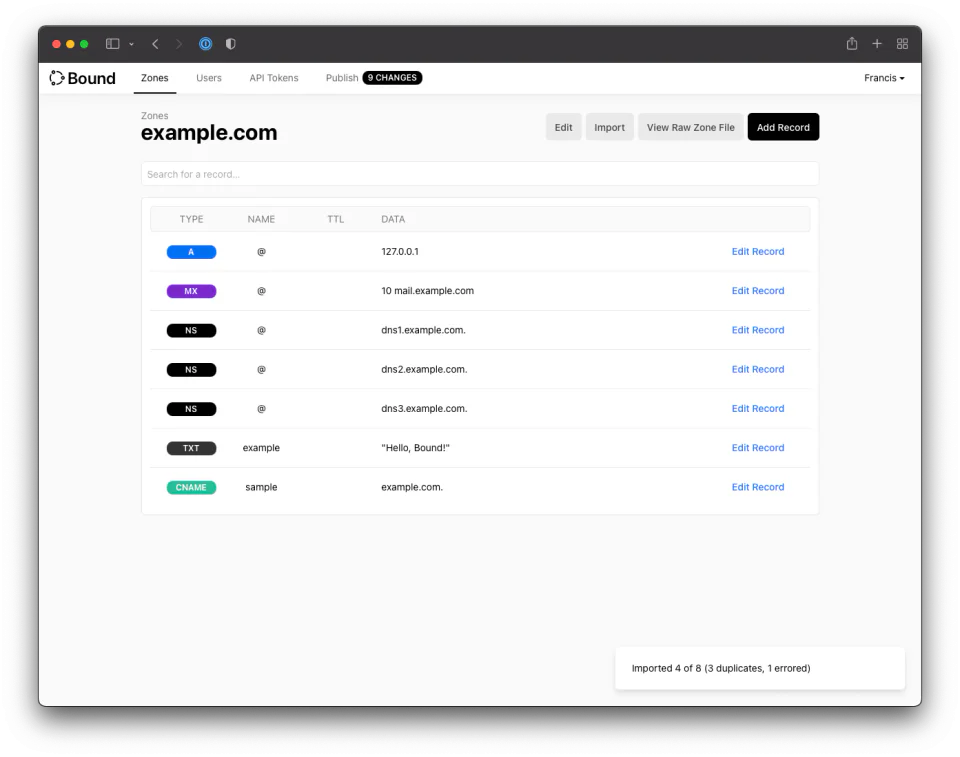 Bound DNS management interface showing records for example.com.