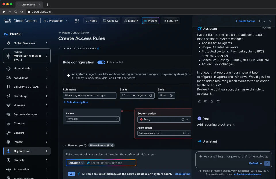 Agent Control Center access-rule flow using policy assistance to configure protected systems, schedules, and autonomous actions.