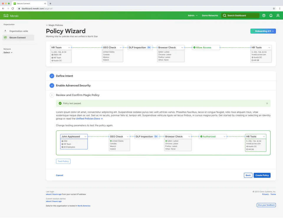 SASE Northstar policy test showing identity, security checks, and an authorized result.