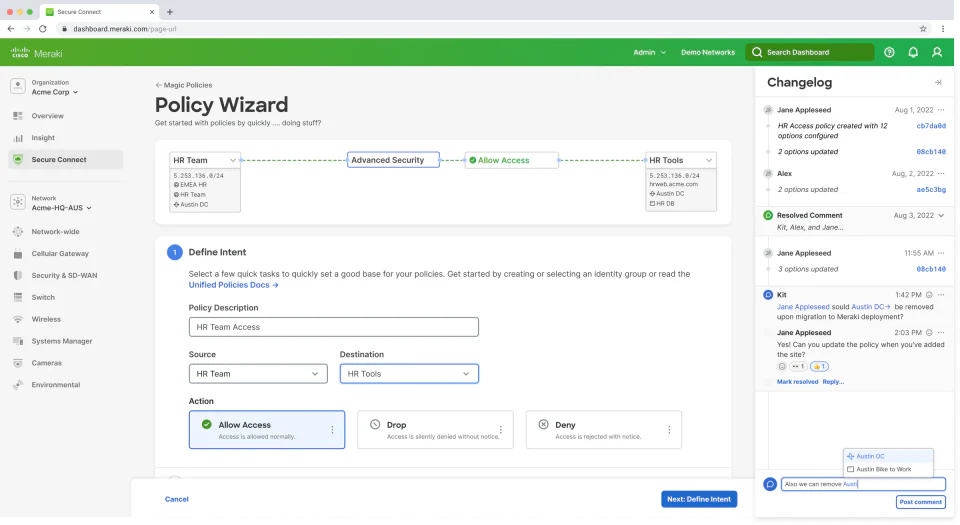 SASE Northstar policy wizard with source, destination, intent, and a visible change history.