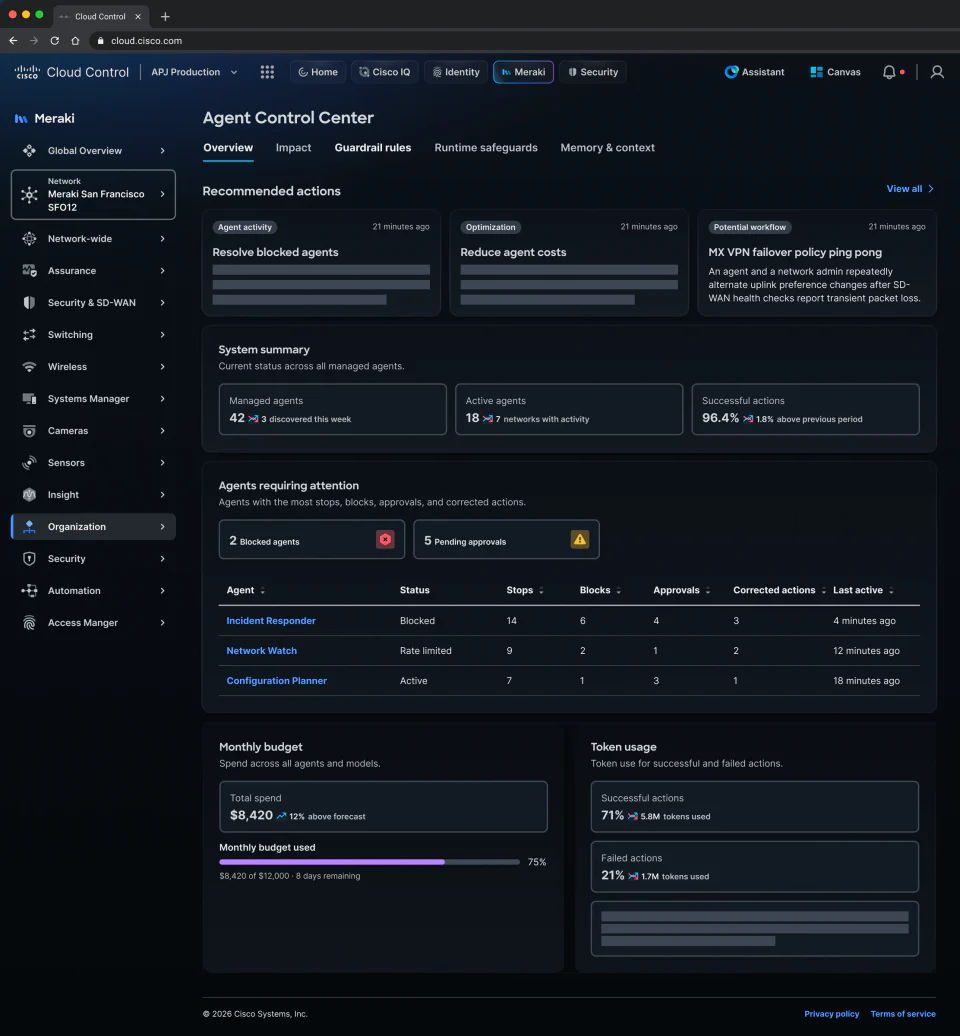 Agent Control Center operational overview showing recommendations, managed agents, attention states, budget, and token usage.