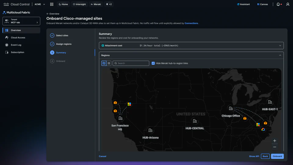 Multicloud Fabric site onboarding map showing cloud regions and Cisco-managed sites.