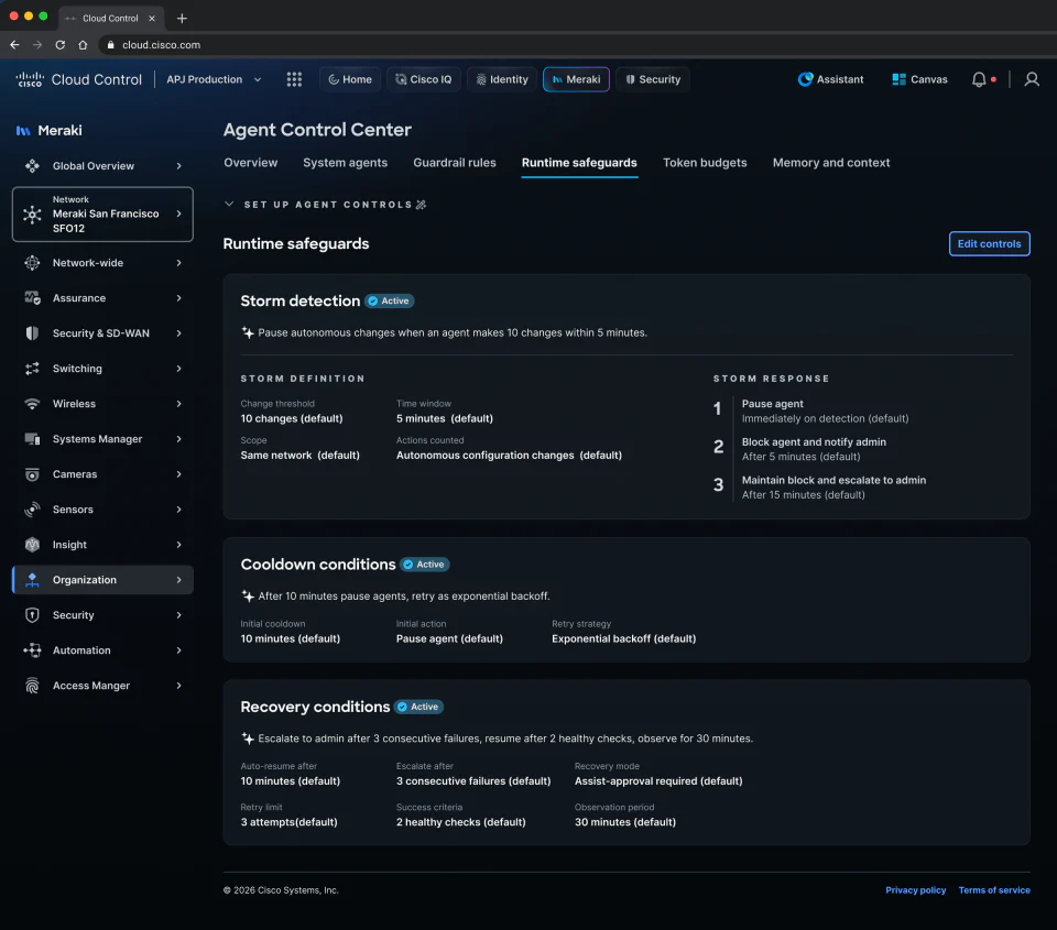 Runtime safeguards defining storm detection, cooldown, escalation, and recovery conditions.