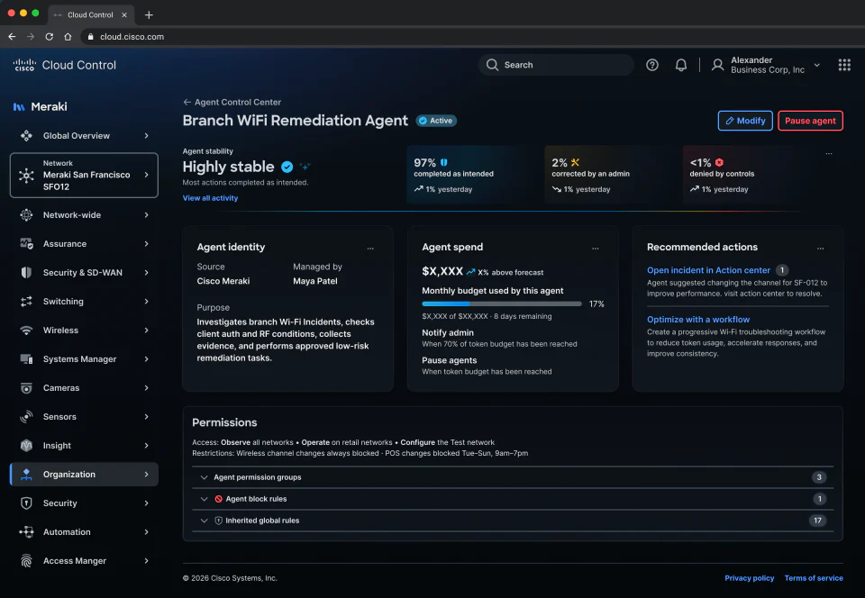 Agent detail view showing stability, identity, spend, permissions, recommended actions, and pause controls.