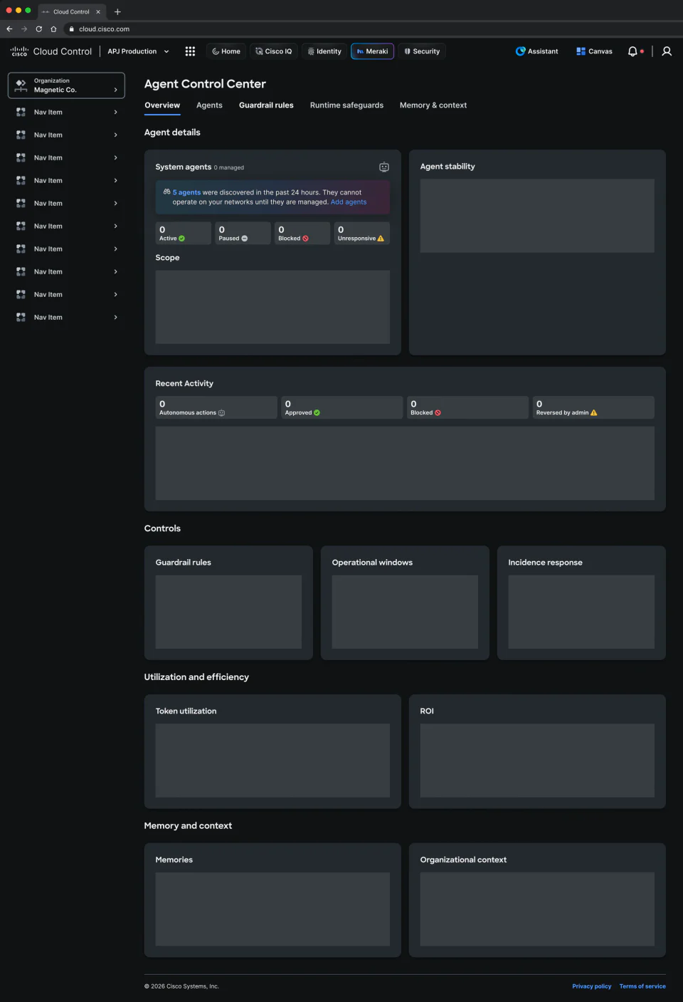 Early Agent Control Center overview prototype covering agents, activity, controls, utilization, memory, and context.