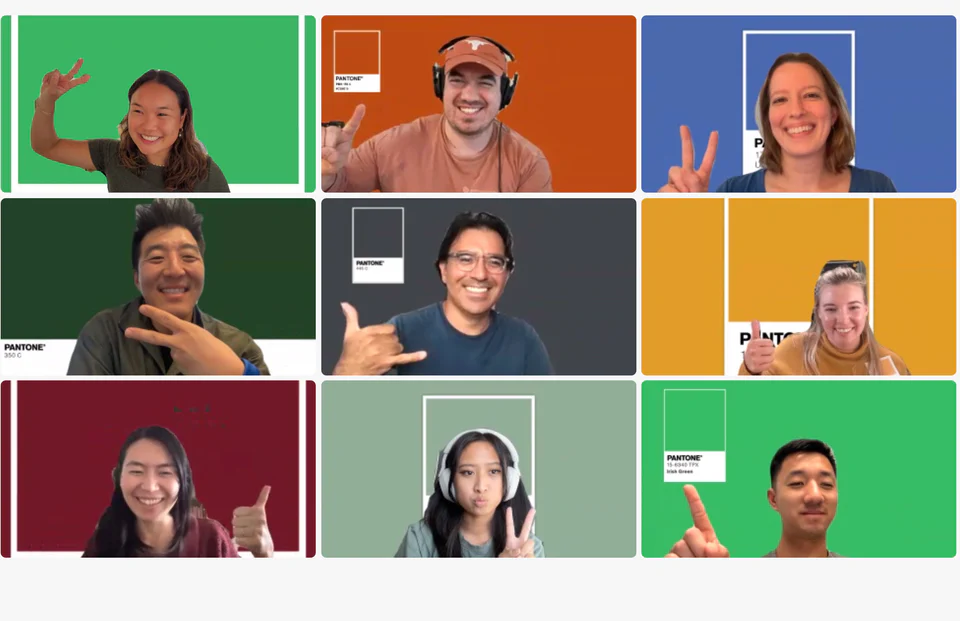 A nine-person design team grid in bright Pantone colors.