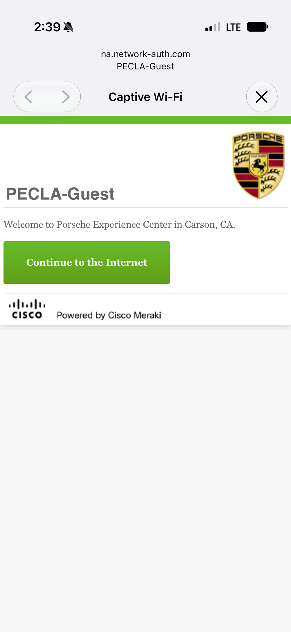Porsche Experience Center guest Wi-Fi sign-in screen.