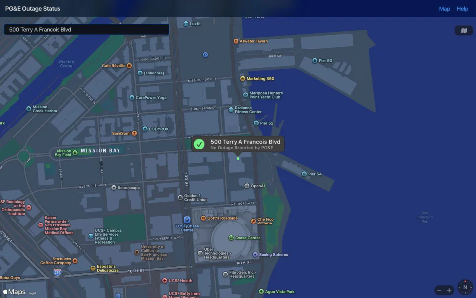 PGE Status map with an address search field and outage map.