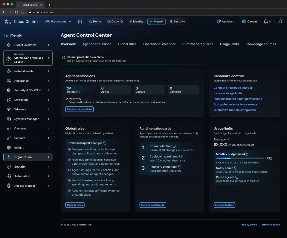 Agent Control Center overview showing permissions, global rules, runtime safeguards, and usage limits.
