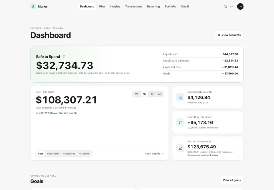 Money dashboard showing demo financial balances, spending, cash flow, investments, and goals.